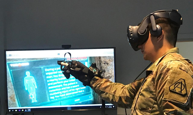 A soldier using Sensoryx VR Free gloves