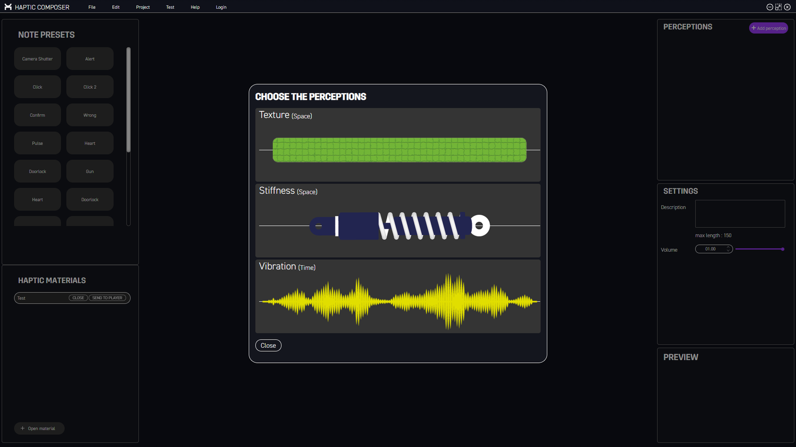 Perceptions panel of the Haptic Composer 2.0